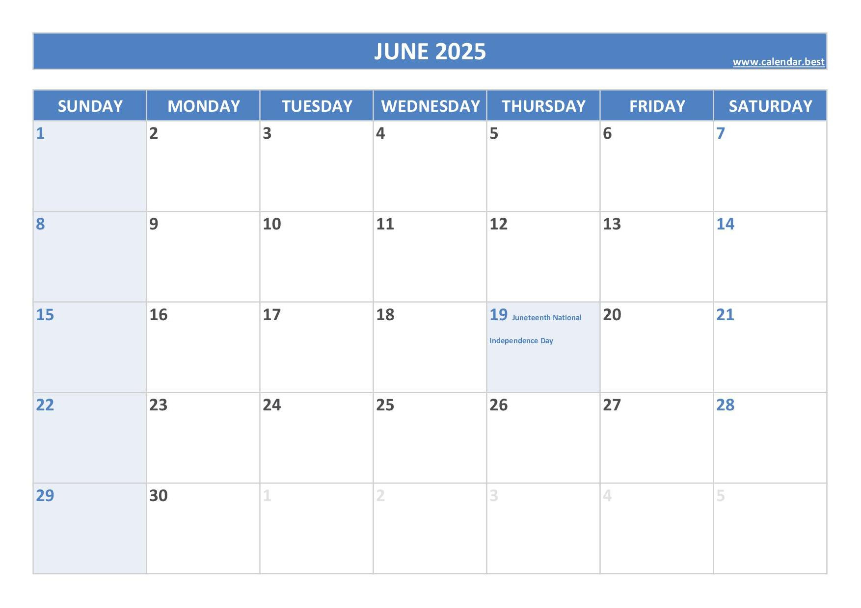 June 2025 Calendar -Calendar.best inside Printable June 2025 Calendar with Holidays