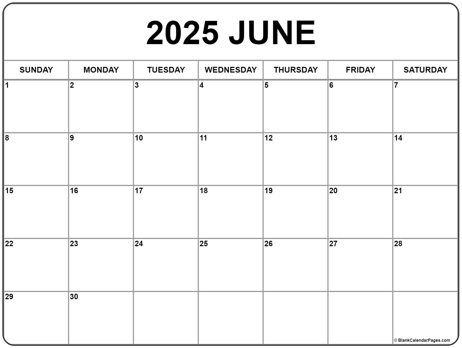 June 2025 Calendar | Free Printable Calendars for Blank June 2025 Calendar Printable