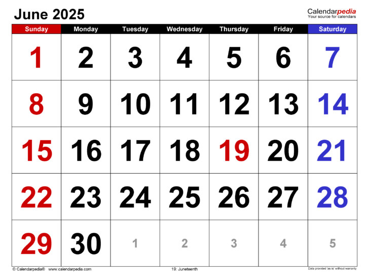 Month of June 2025 Printable Calendar