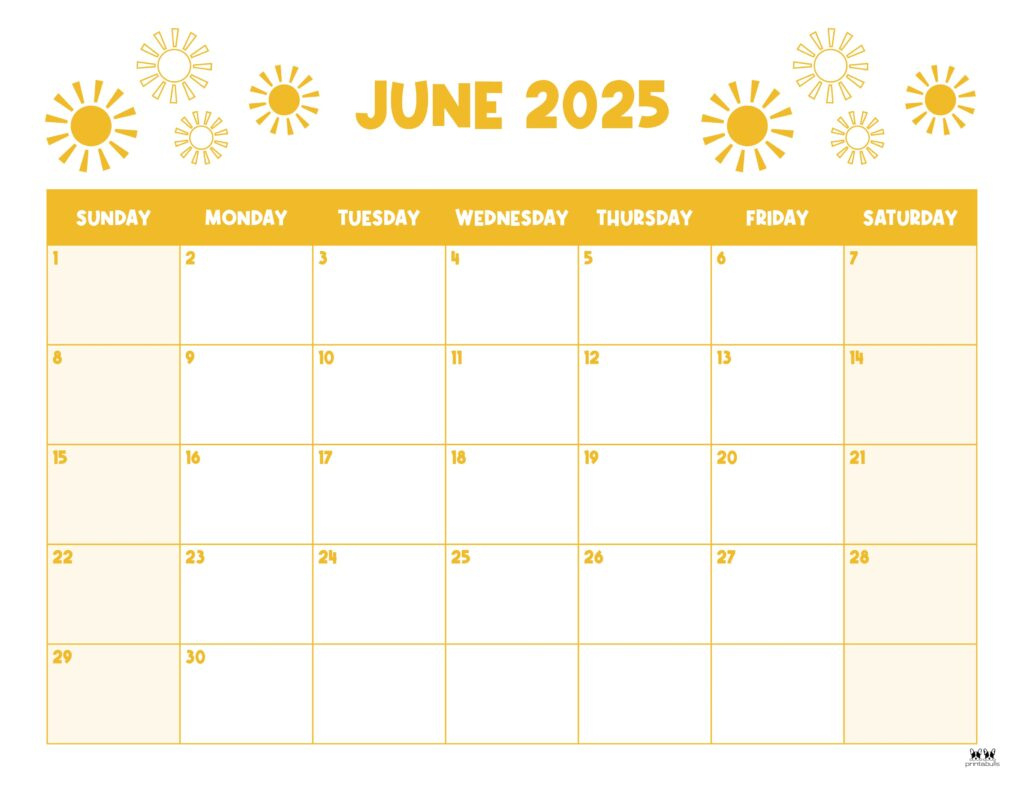 June 2025 Calendars - 107 Free Printables | Printabulls in Blank June 2025 Calendar Printable