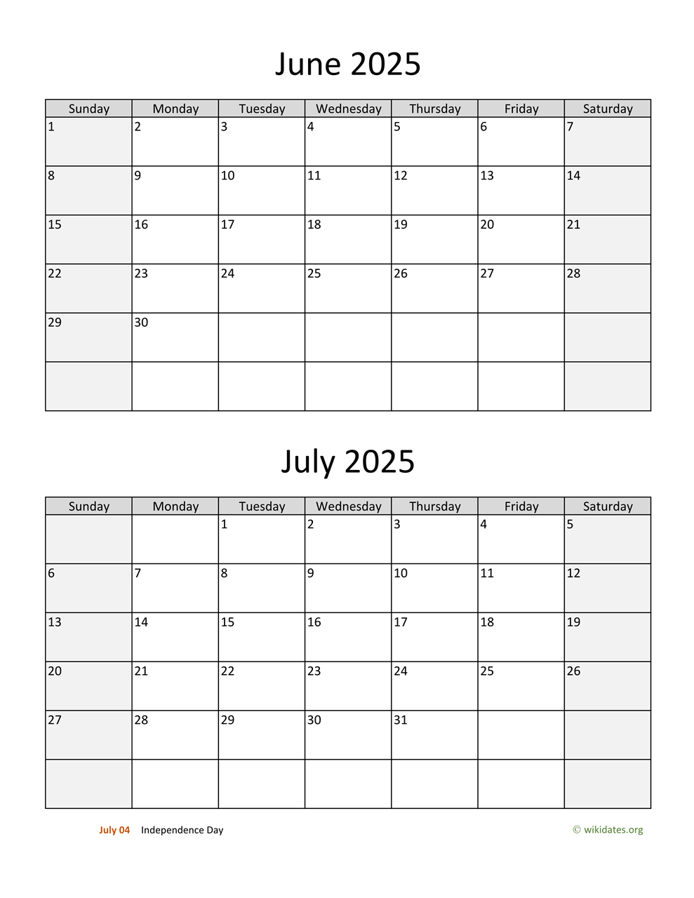 June And July 2025 Calendar | Wikidates intended for Calendar July 2025 To June 2025 Printable