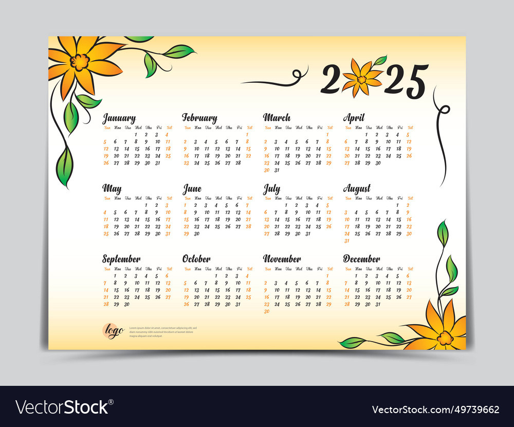 Kalender 2025 Vorlage Gelb Blumen Design Vektorbild intended for Printable Floral Calendar 2025