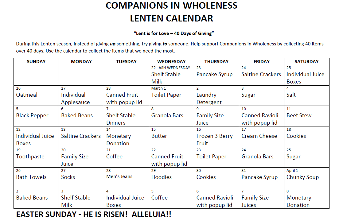 Lenten Calendar: Companions In Wholeness – Grace Congregational in Lenten Calendar 2025 Printable