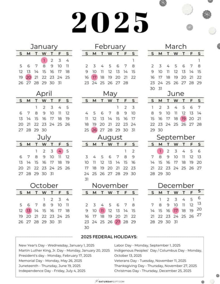 2025 Calendar Printable with Federal Holidays