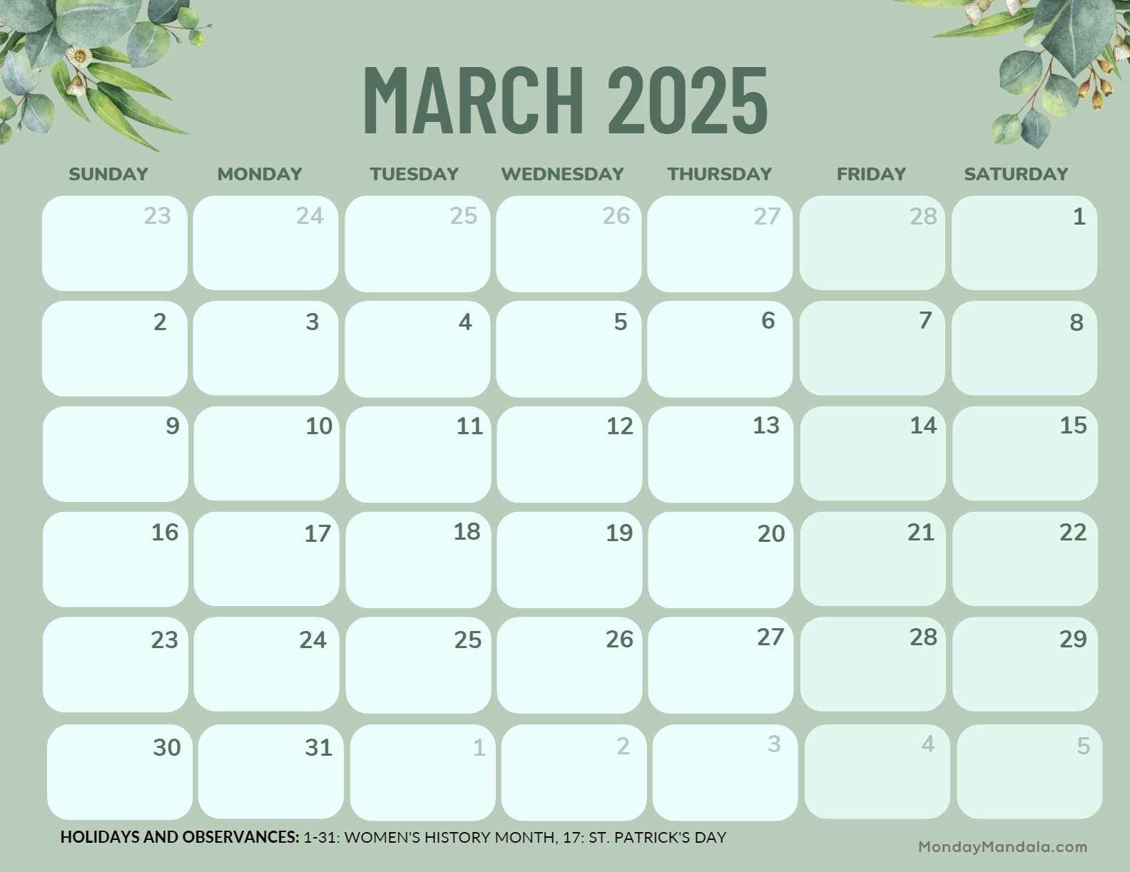 March 2025 Calendar (52 Free Pdf Printables) throughout Calendar For March 2025 Printable