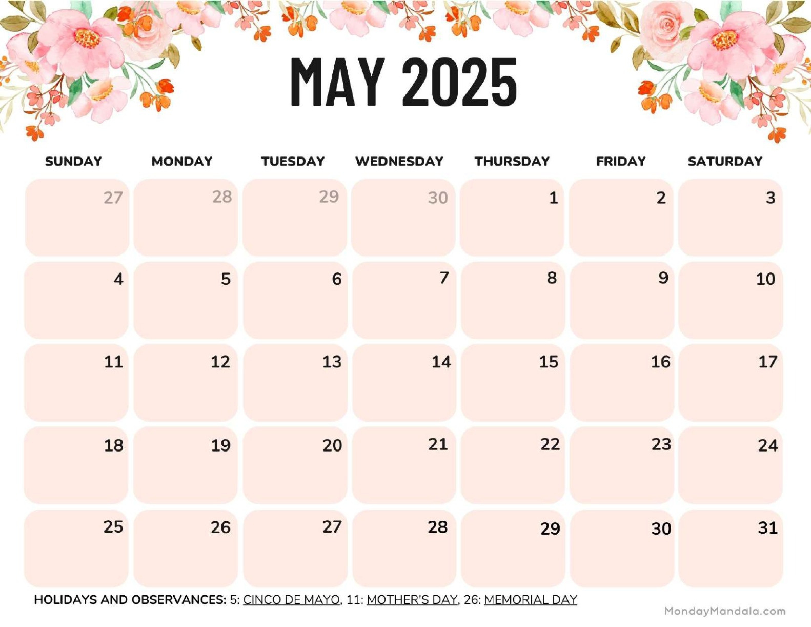 May 2025 Calendar (52 Free Pdf Printables) for May 2025 Free Printable Calendar