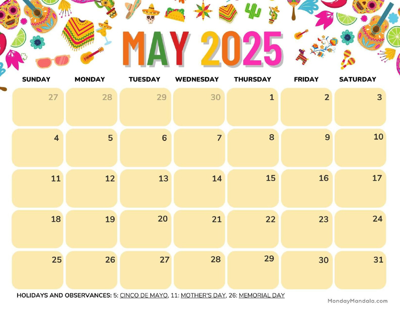 May 2025 Calendar (52 Free Pdf Printables) throughout May 2025 Printable Calendar With Holidays