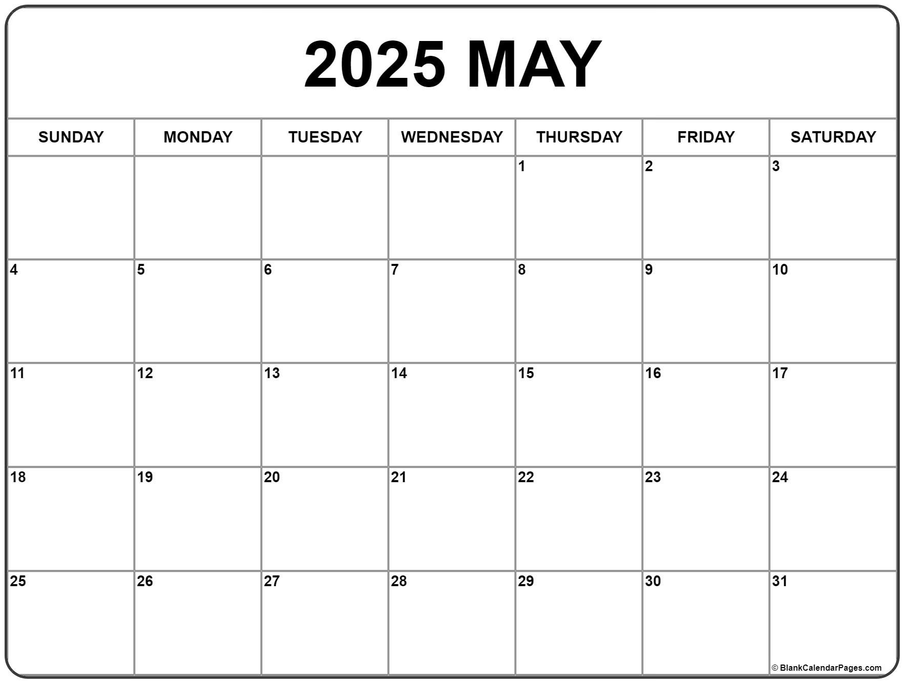 May 2025 Calendar | Free Printable Calendars in Blank Calendar May 2025 Printable