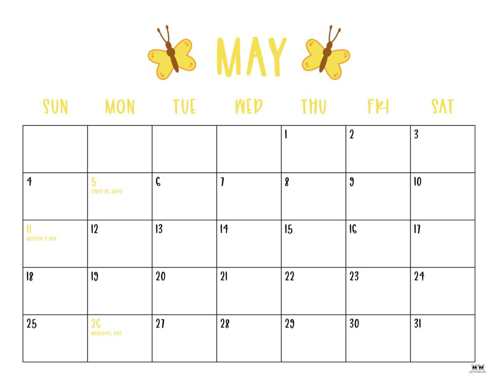 May 2025 Calendars - 107 Free Printables | Printabulls in Printable May 2025 Calendar with Holidays