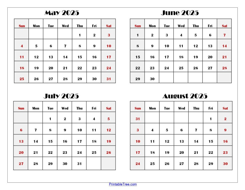 May To August 2025 Calendar Printable Pdf | Four Months Calendar in August 2025-May 2025 Printable Calendar