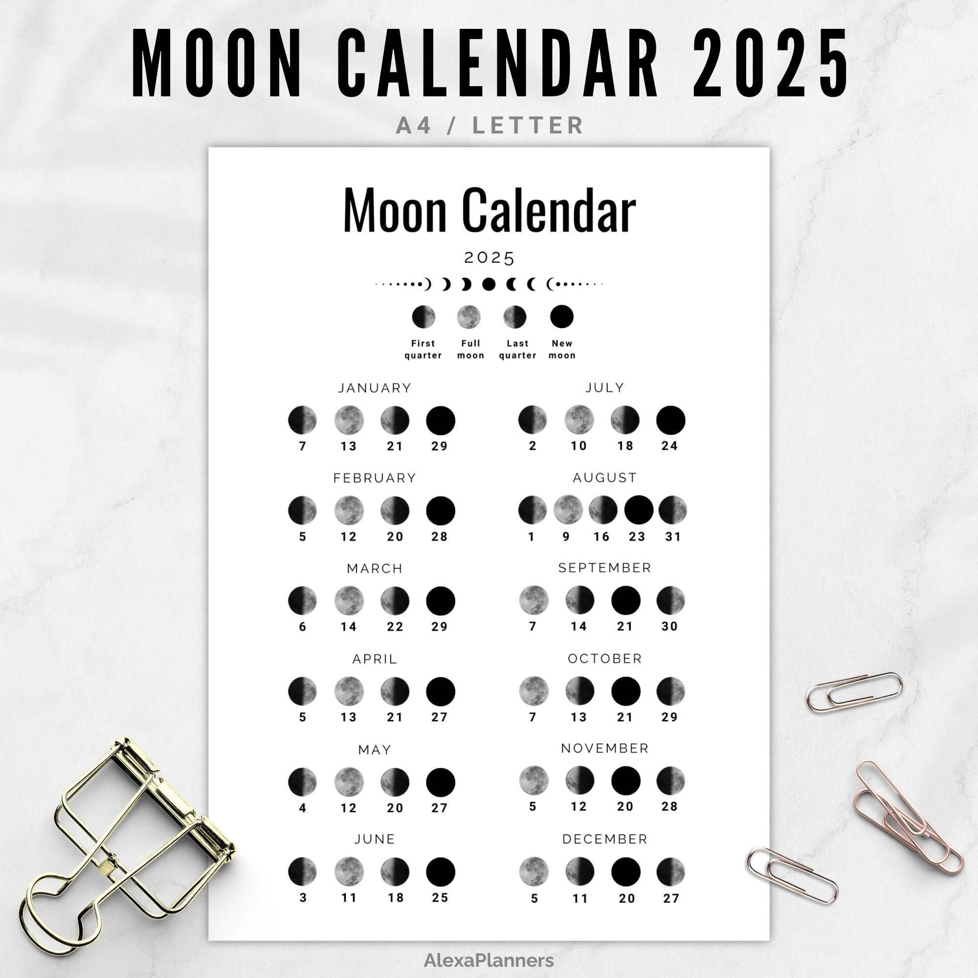 Mondphasenkalender 2025, Mondkalender In A4 / Letter Größe - Etsy.de inside 2025 Full Moon Calendar Printable