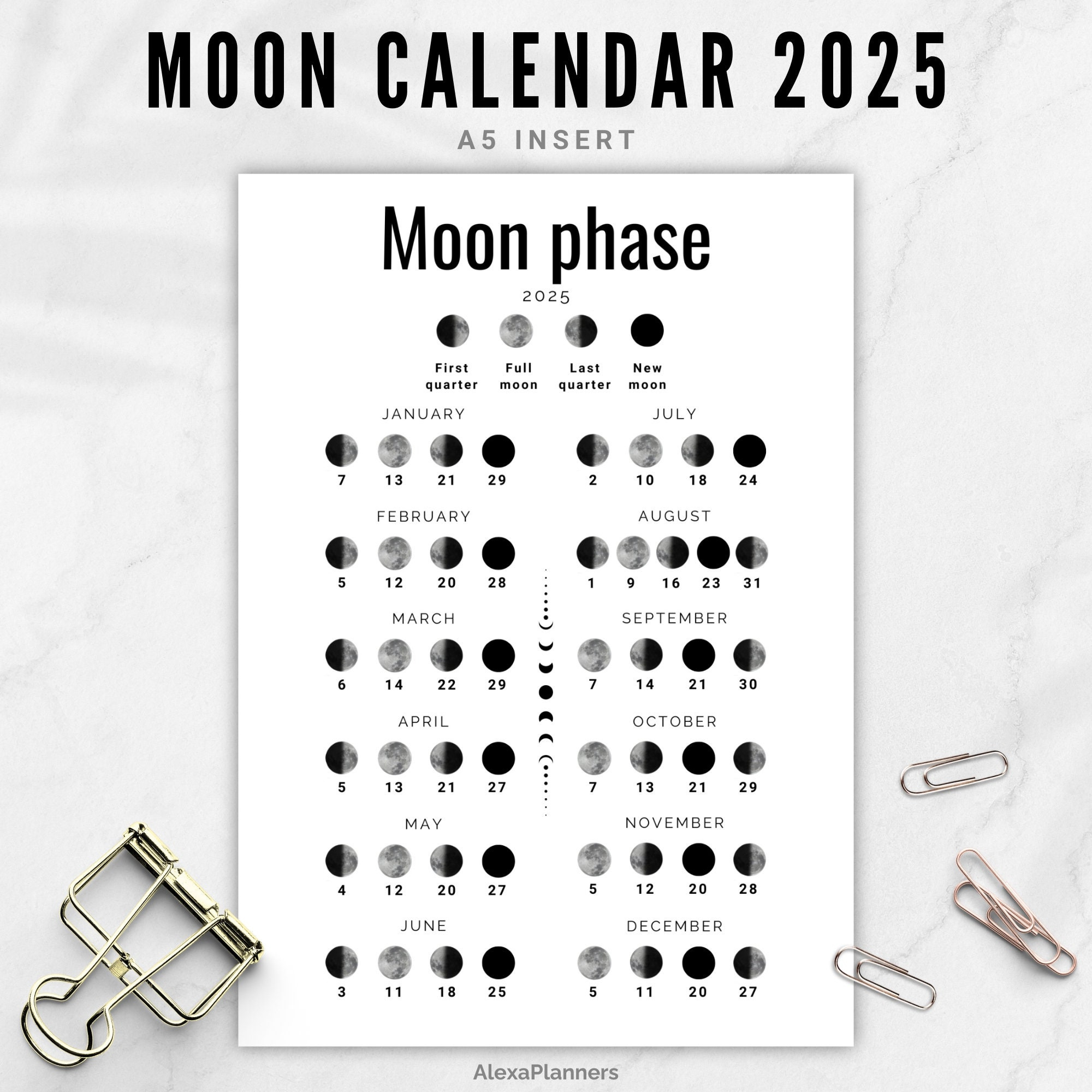 Moon Phase Calendar 2025, Lunar Calendar, A5 Planner Inserts - Etsy for Printable Full Moon Calendar 2025