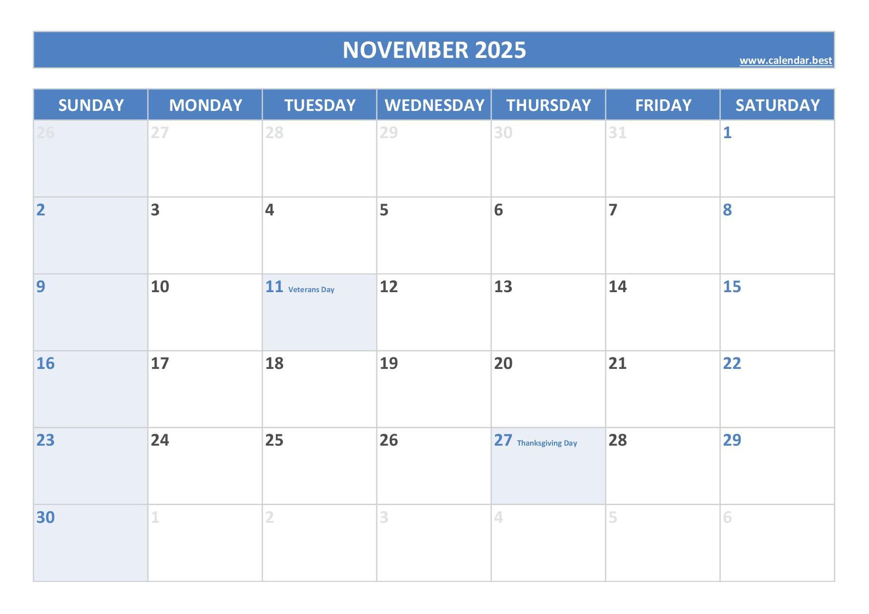 November 2025 Calendar -Calendar.best inside November 2025 Printable Calendar with Holidays