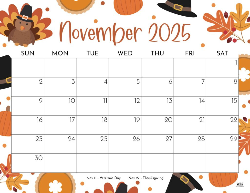 November 2025 Calendars - 107 Free Printables | Printabulls regarding November 2025 Calendar with Holidays Printable Free