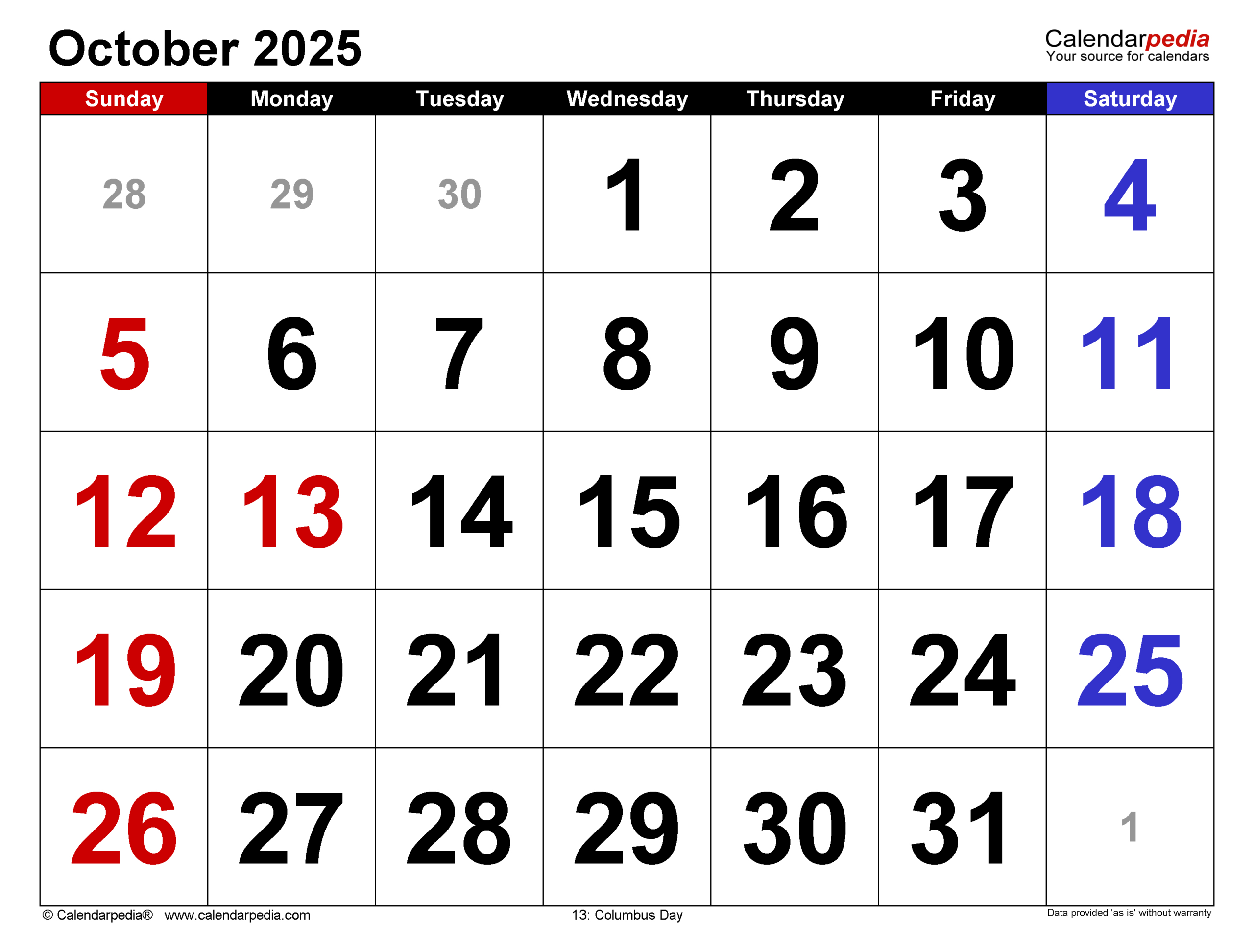 October 2025 Calendar | Templates For Word, Excel And Pdf for Free Printable Monthly Calendar October 2025