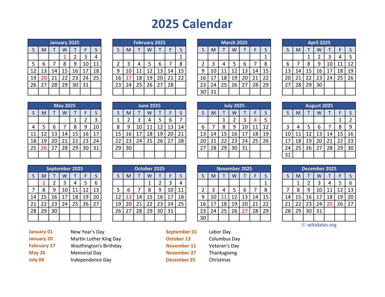 Pdf Calendar 2025 With Federal Holidays | Wikidates for Printable Calendar 2025 with Federal Holidays