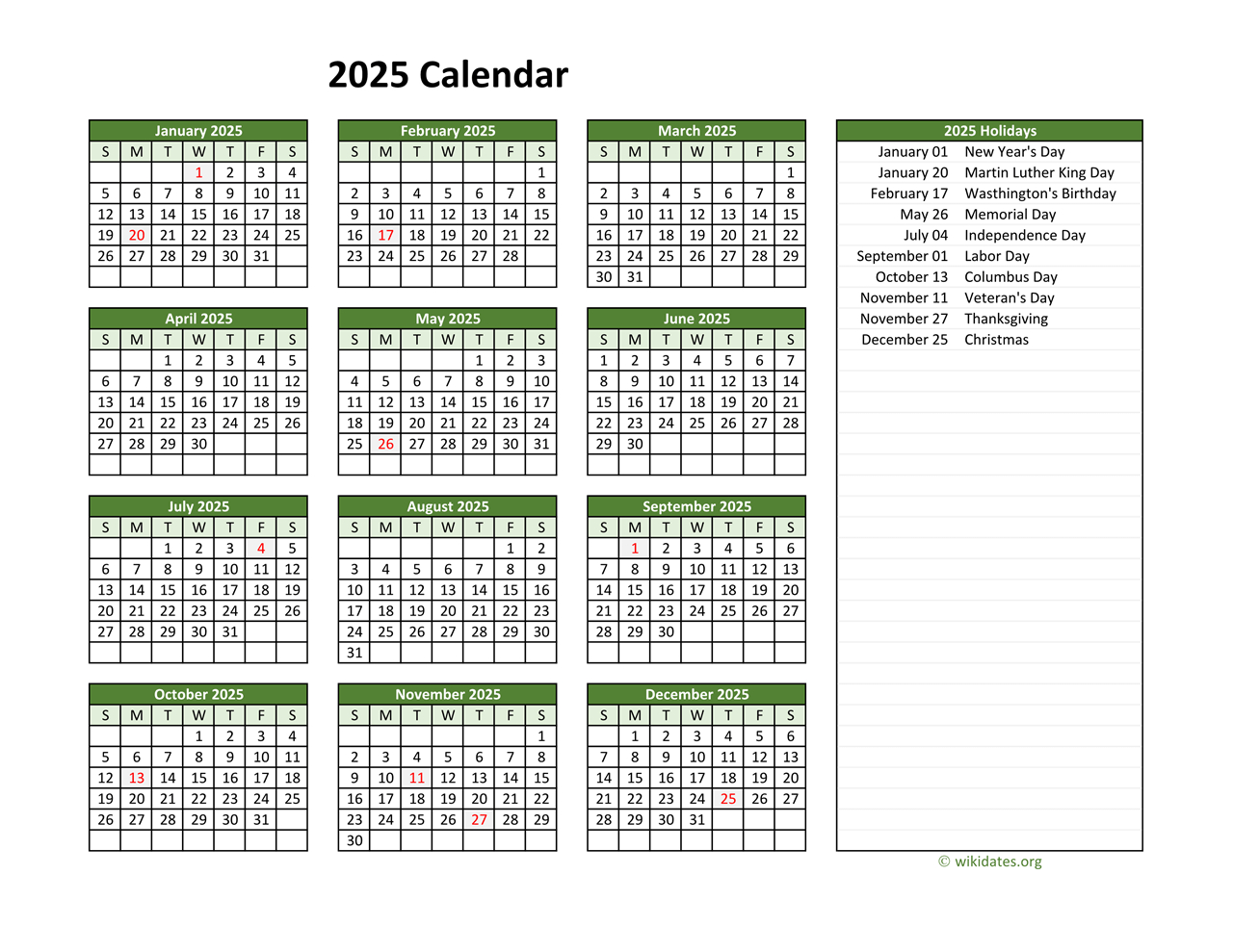 Printable 2025 Calendar With Federal Holidays | Wikidates intended for Printable 2025 Calendar With Federal Holidays