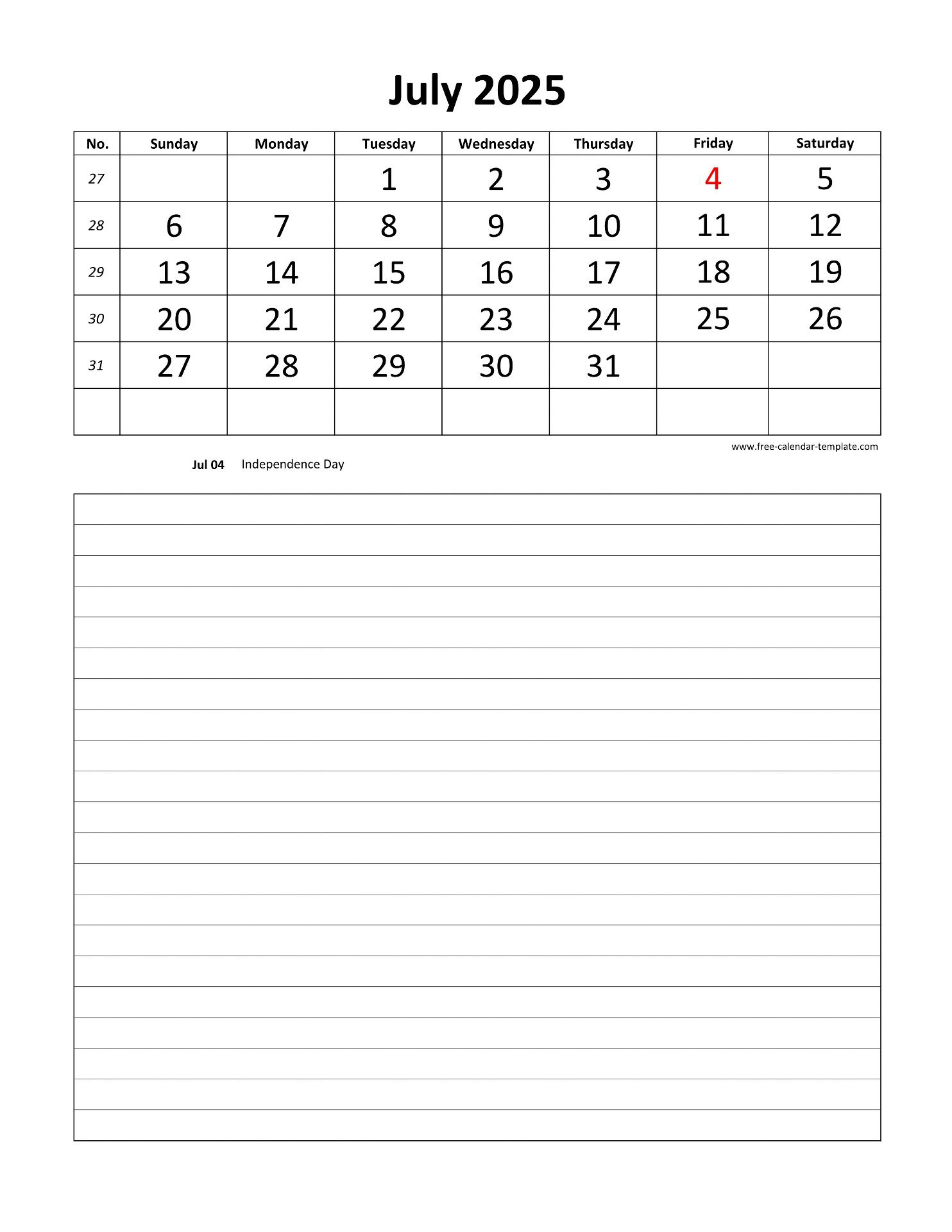 Printable 2025 July Calendar Grid Lines For Daily Notes (Vertical in Free Printable Daily Calendar 2025