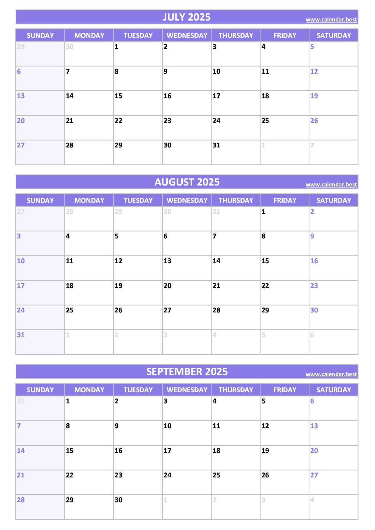 Printable 3Rd Quarter 2025 Calendar with Three Month Printable Calendar 2025