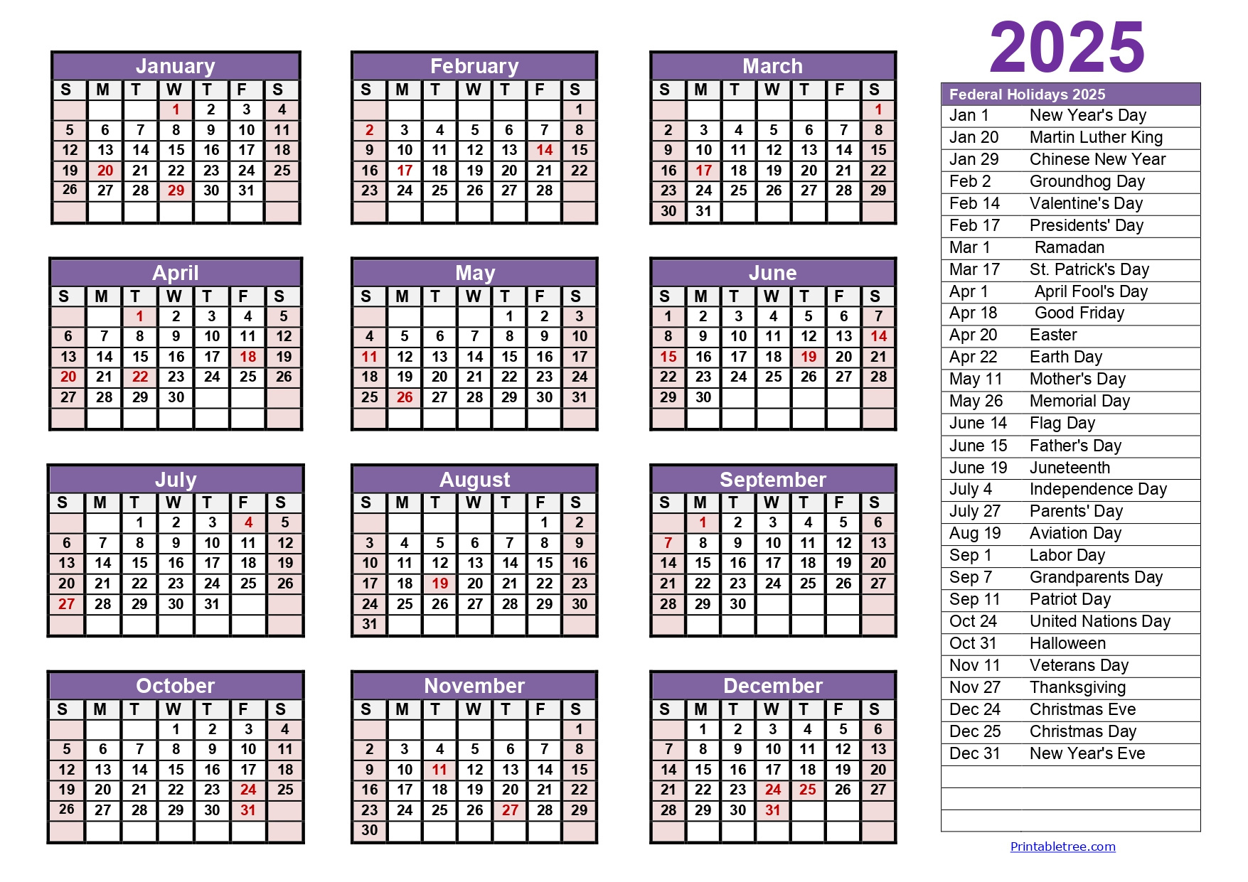 Printable Calendar 2025 One Page With Holidays (Single Page) 2025 for 2025 Calendar Free Printable with Holidays