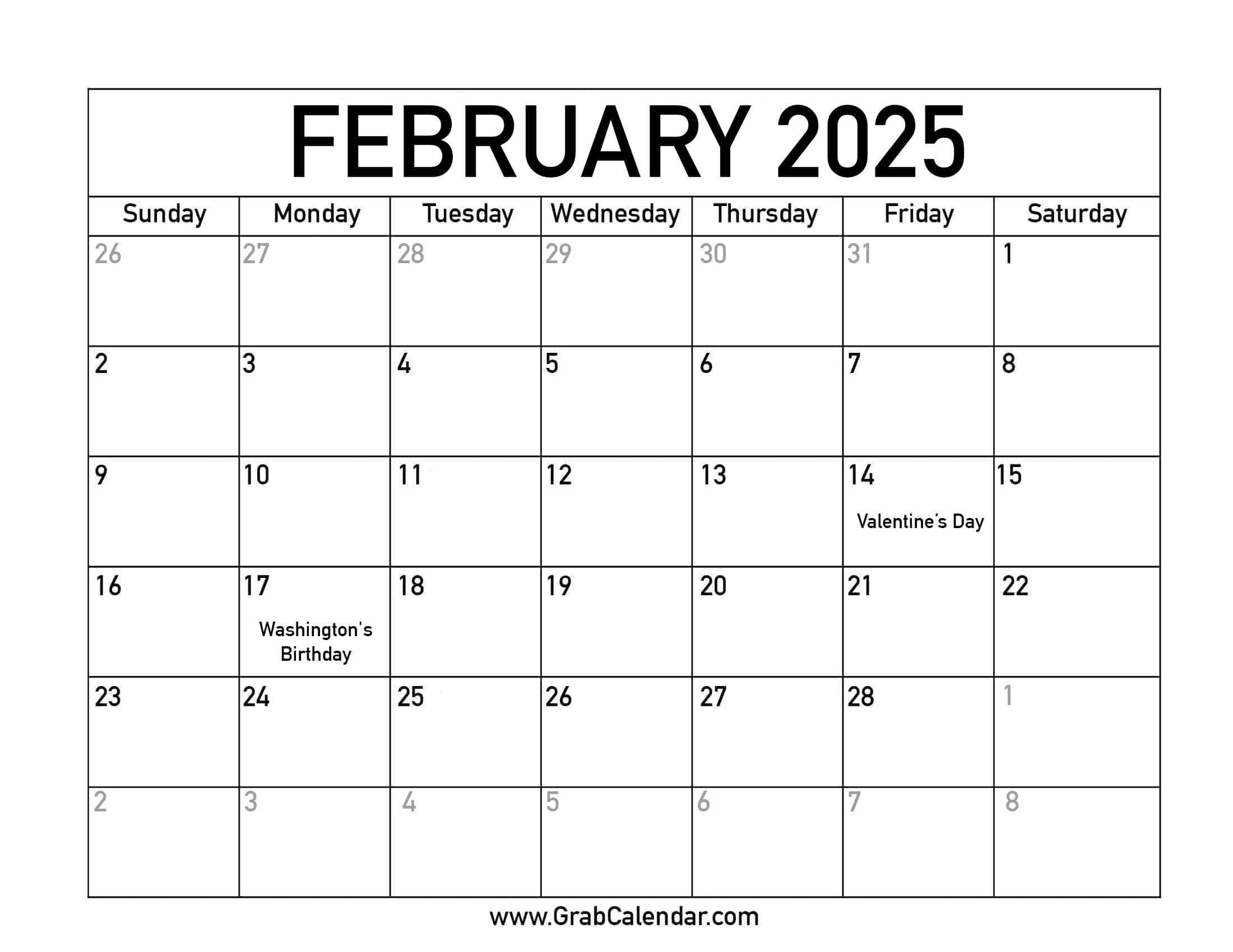 Printable February 2025 Calendar for February 2025 Calendar with Holidays Printable