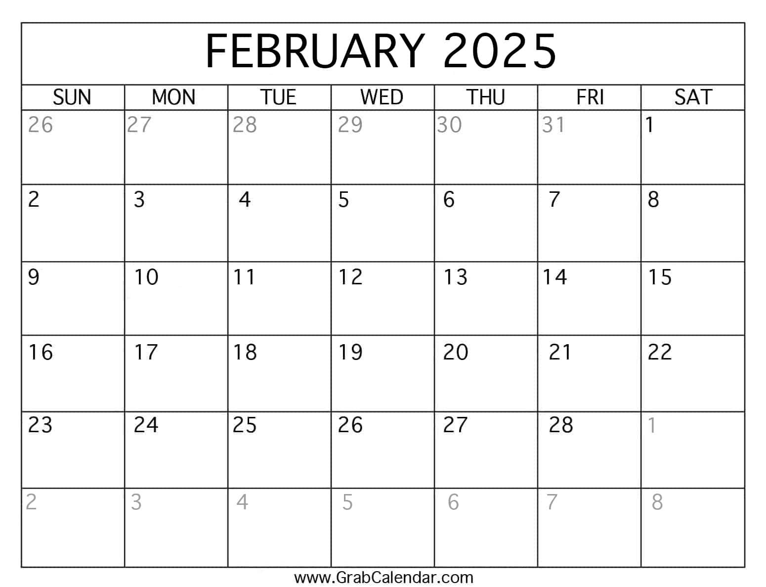 Printable February 2025 Calendar inside Calendar Template February 2025 Printable