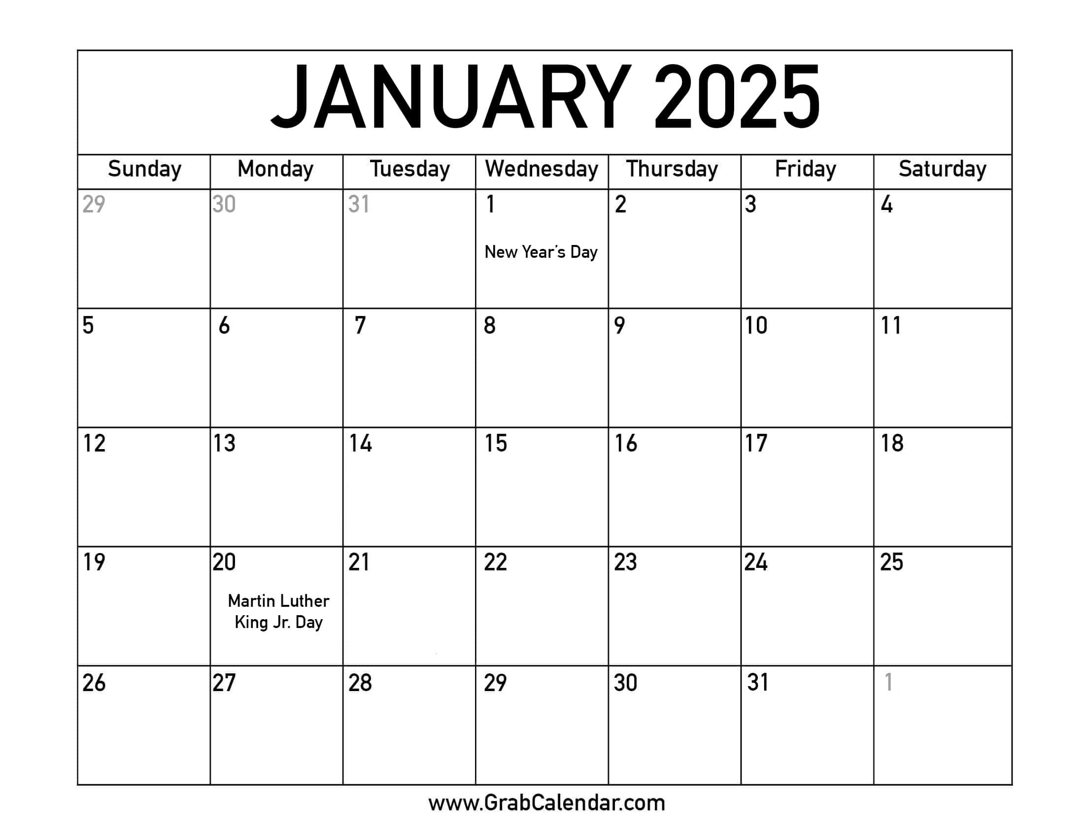 Printable January 2025 Calendar for 2025 Monthly Calendar Printable With Holidays Printable Free