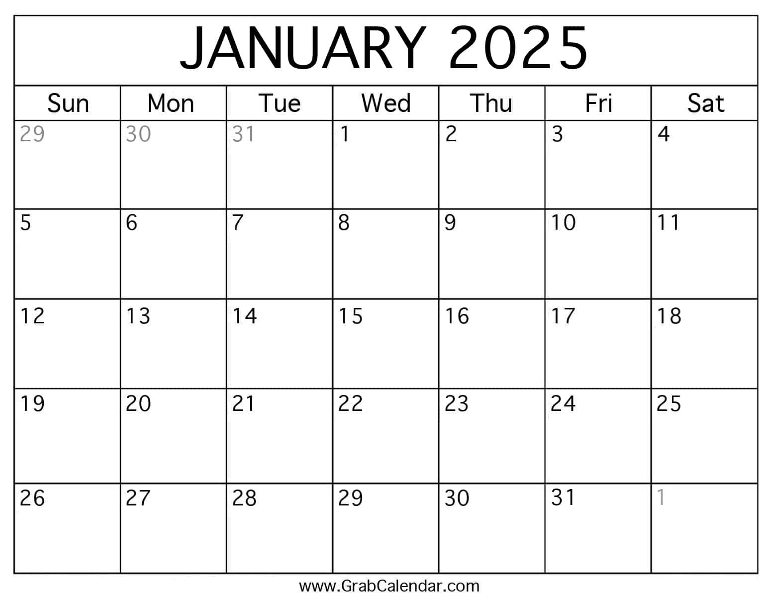 Printable January 2025 Calendar for Free Printable January Calendar 2025