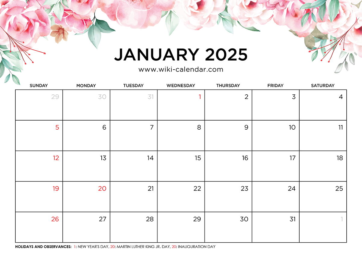 Printable January 2025 Calendar Templates With Holidays for January 2025 Printable Calendar Wiki