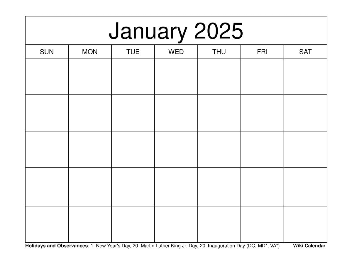 Printable January 2025 Calendar Templates With Holidays inside 2025 Calendar Printable Wiki