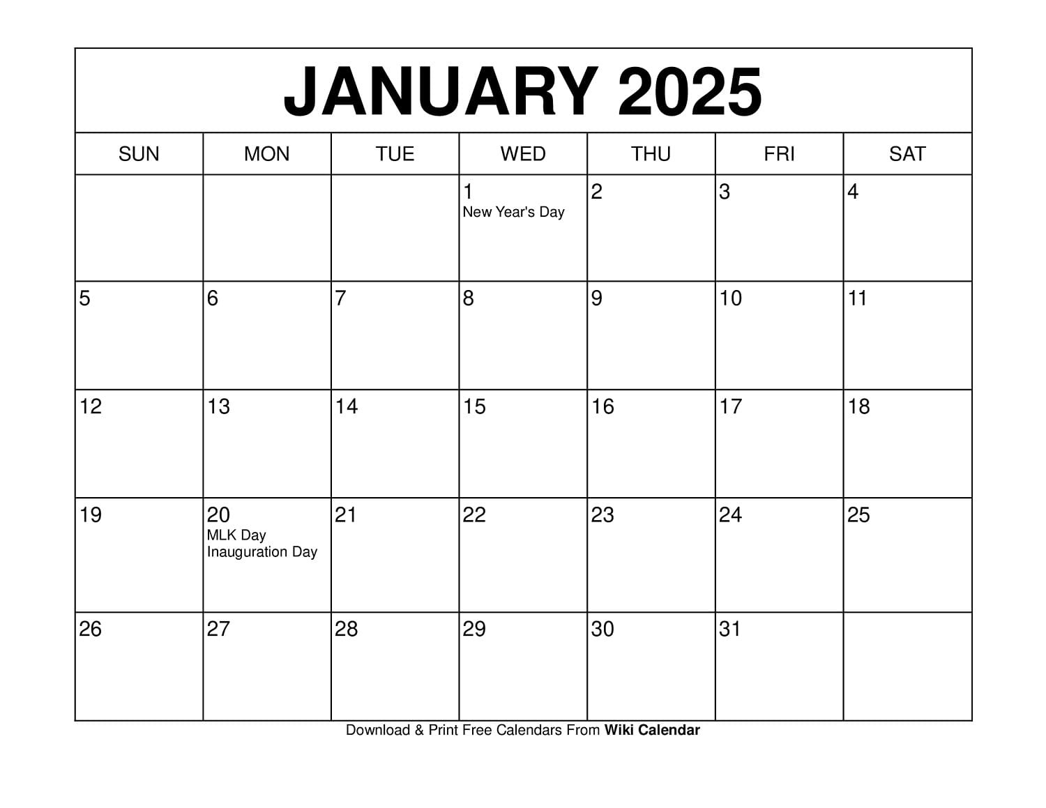 Printable January 2025 Calendar Templates With Holidays intended for Free Printable Calendar 2025 Wiki Calendar