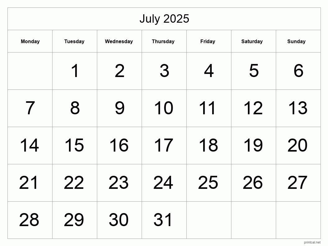 Printable July 2025 Calendar - Big Dates within July Printable Calendar 2025