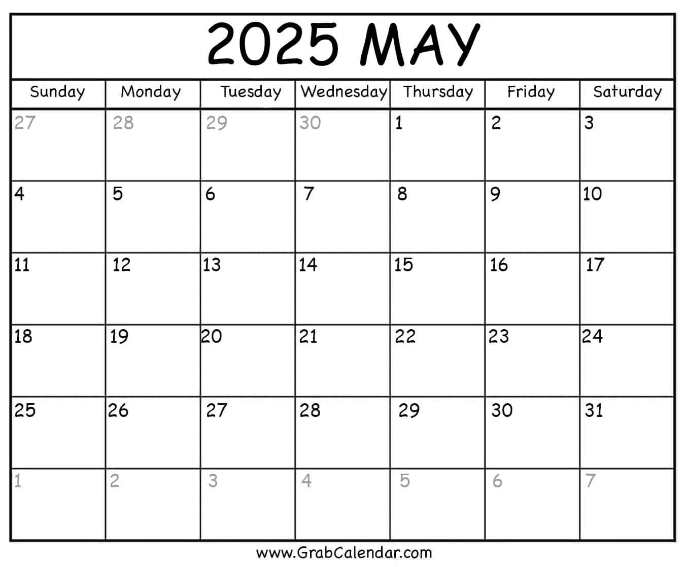 Printable May 2025 Calendar for Monthly Calendar May 2025 Printable