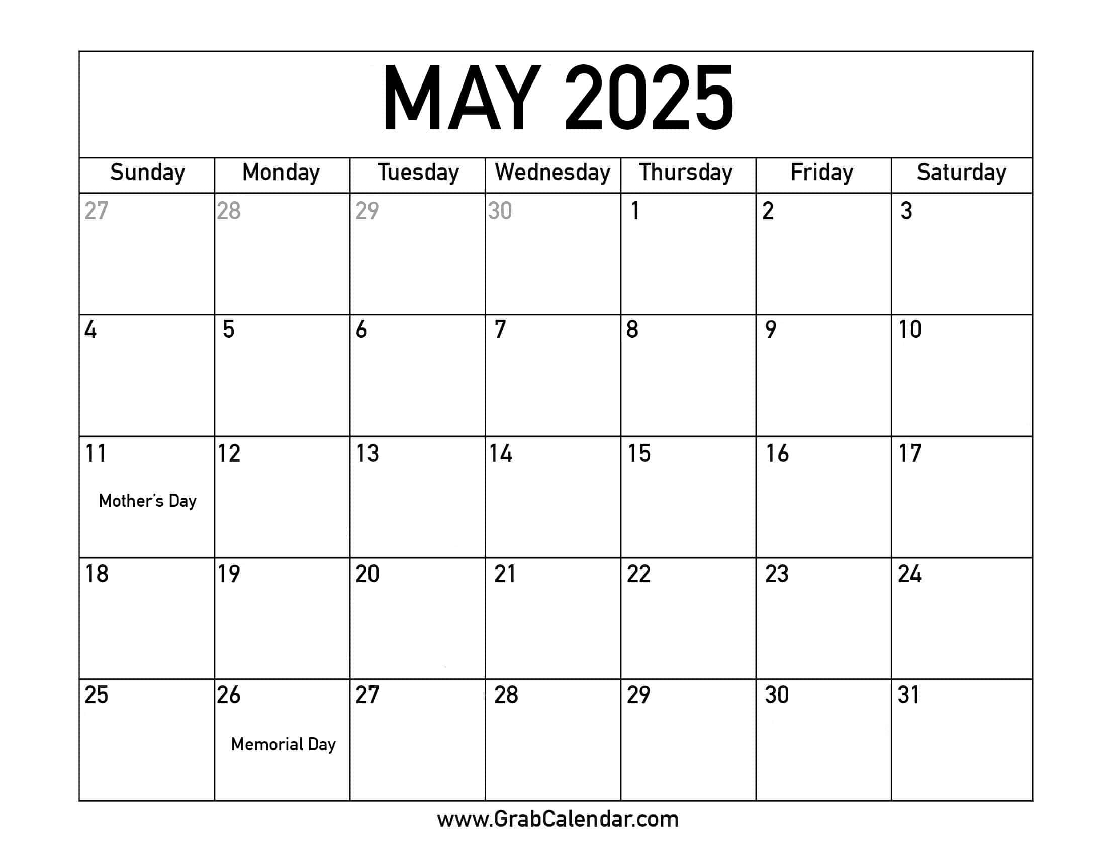 Printable May 2025 Calendar in Printable May 2025 Calendar with Holidays