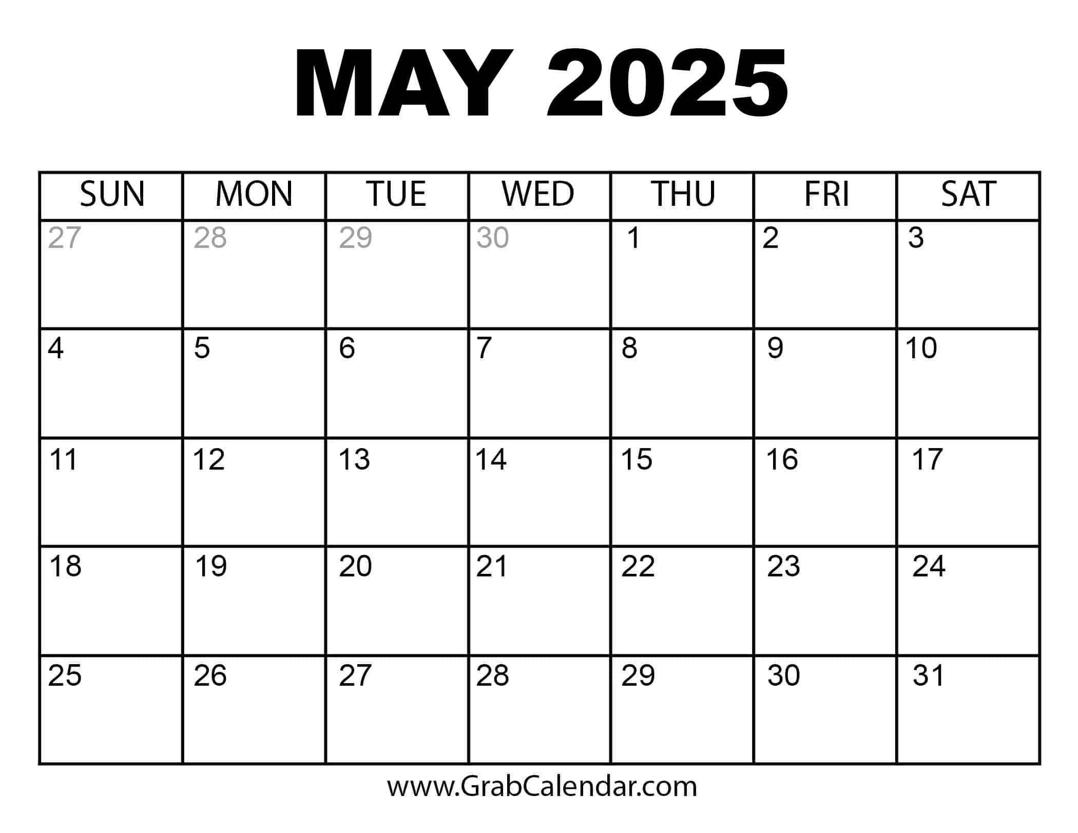 Printable May 2025 Calendar with regard to August 2025-May 2025 Printable Calendar