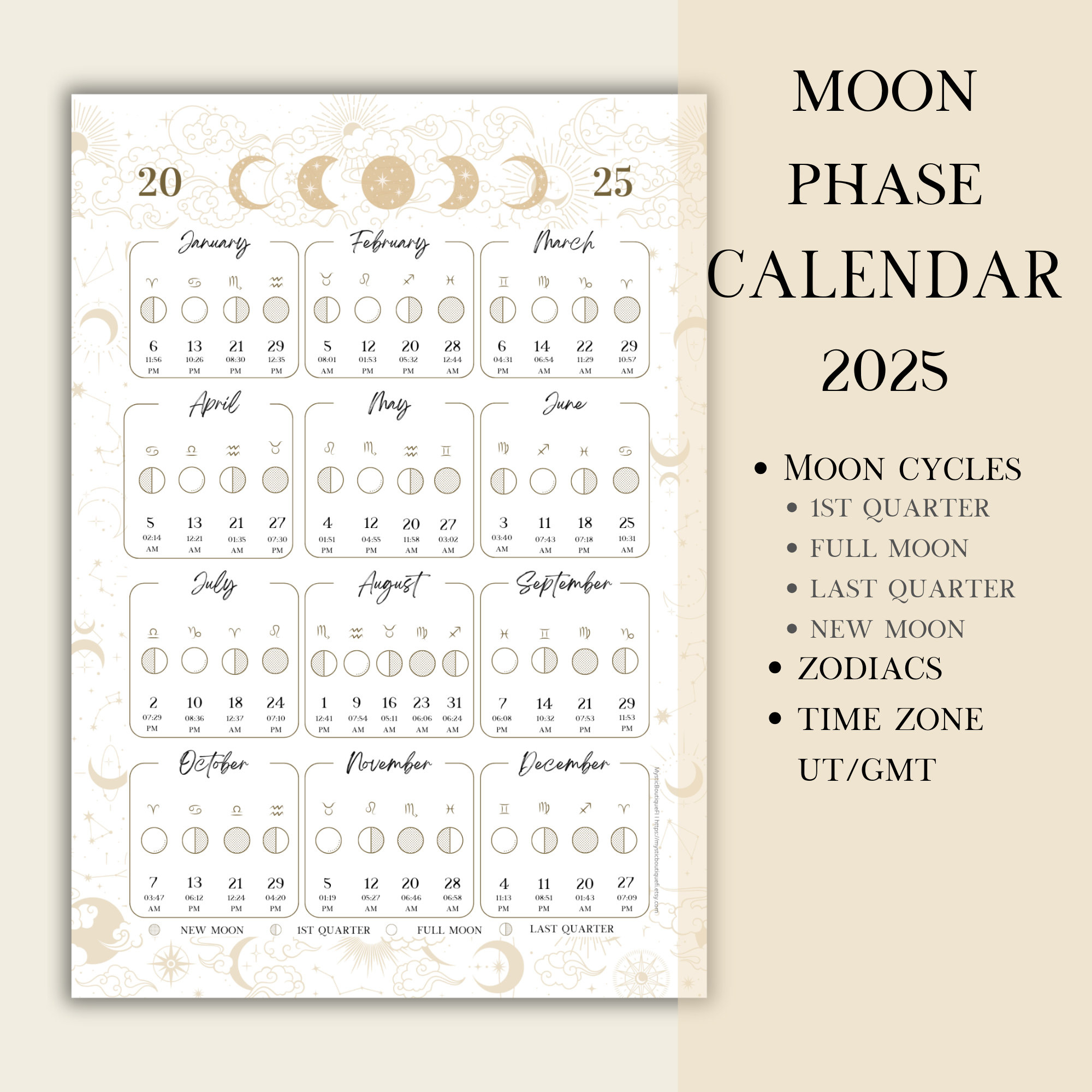 Printable Pdf Lunar Calendar, Moon Phase Calendar 2025 - Etsy for Printable Moon Phase Calendar 2025