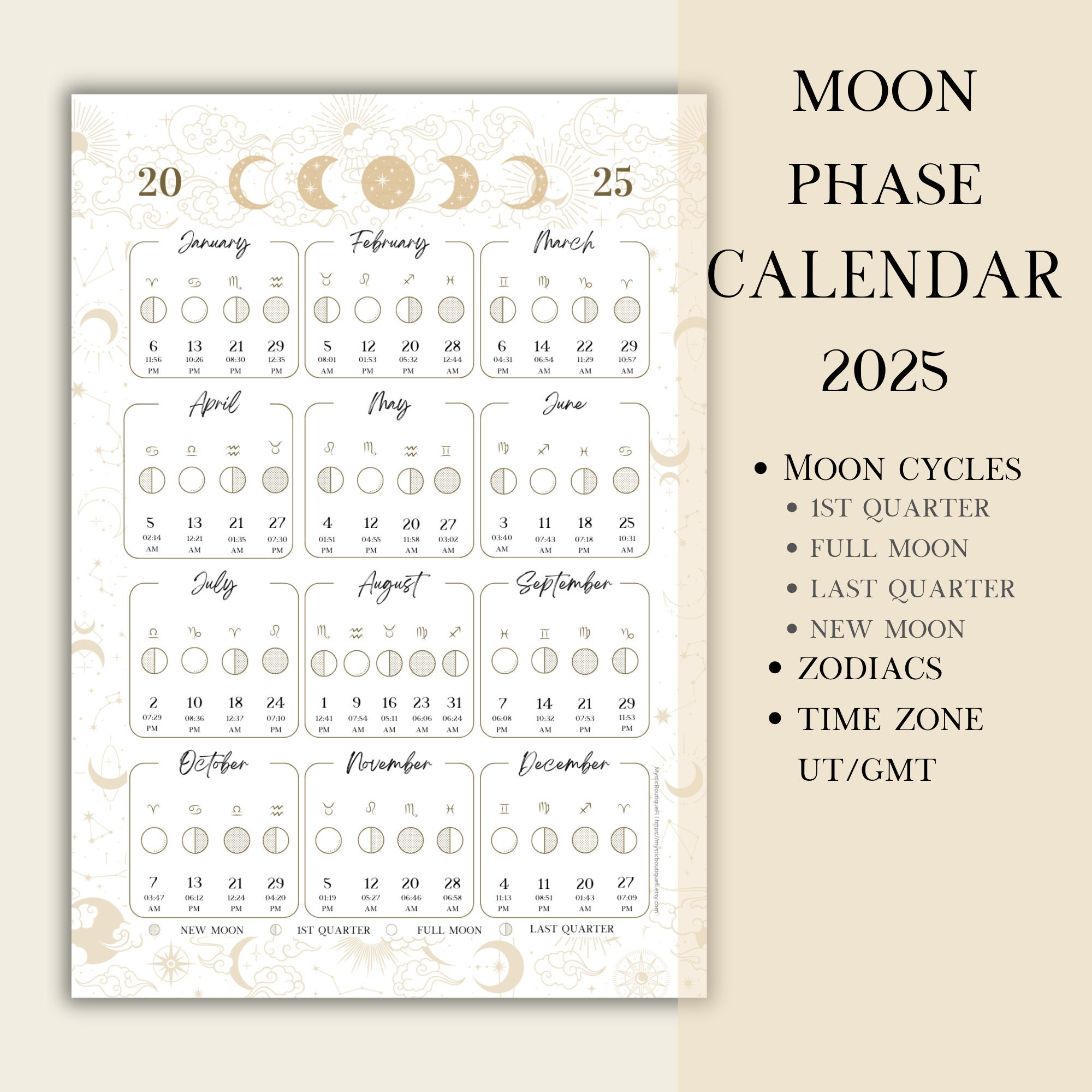 Printable Pdf Lunar Calendar, Moon Phase Calendar 2025 - Etsy inside 2025 Calendar with Moon Phases Printable