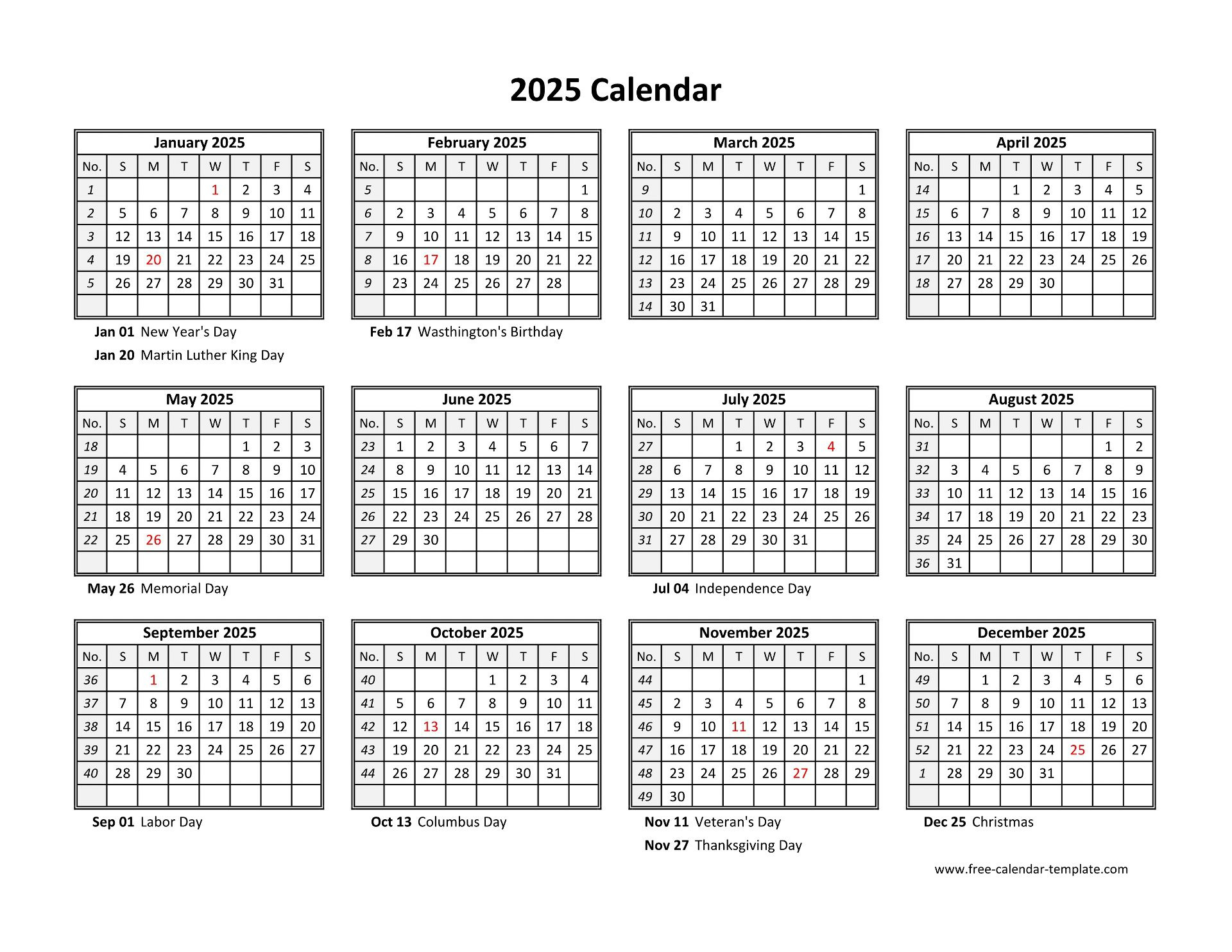 Printable Yearly Calendar 2025 | Free-Calendar-Template inside Printable Fillable Calendar 2025