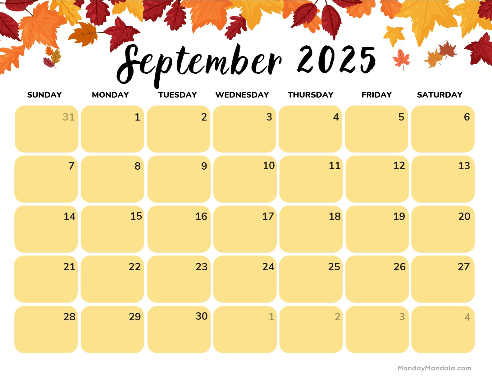 September 2025 Calendar (52 Free Pdf Printables) for Fall 2025 Calendar Printable