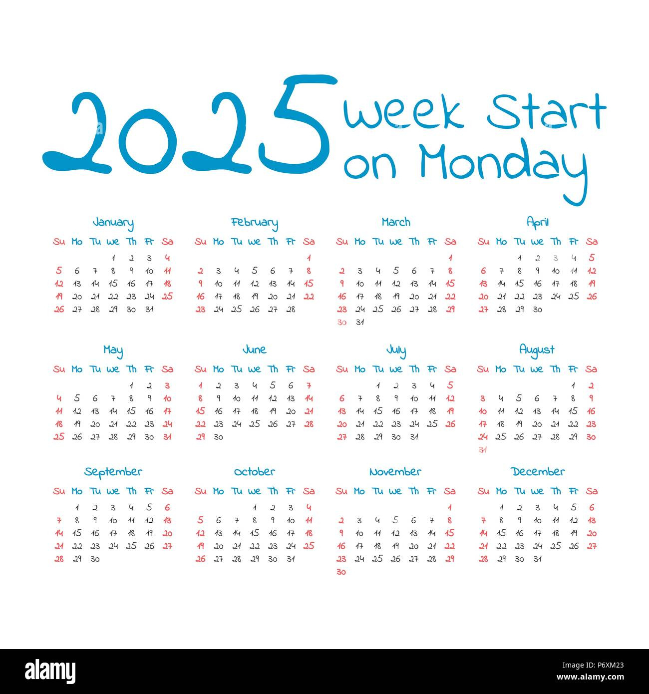 Simple 2025 Year Calendar, Week Starts On Monday Stock Vector for Printable Calendar 2025 Week Starting Monday