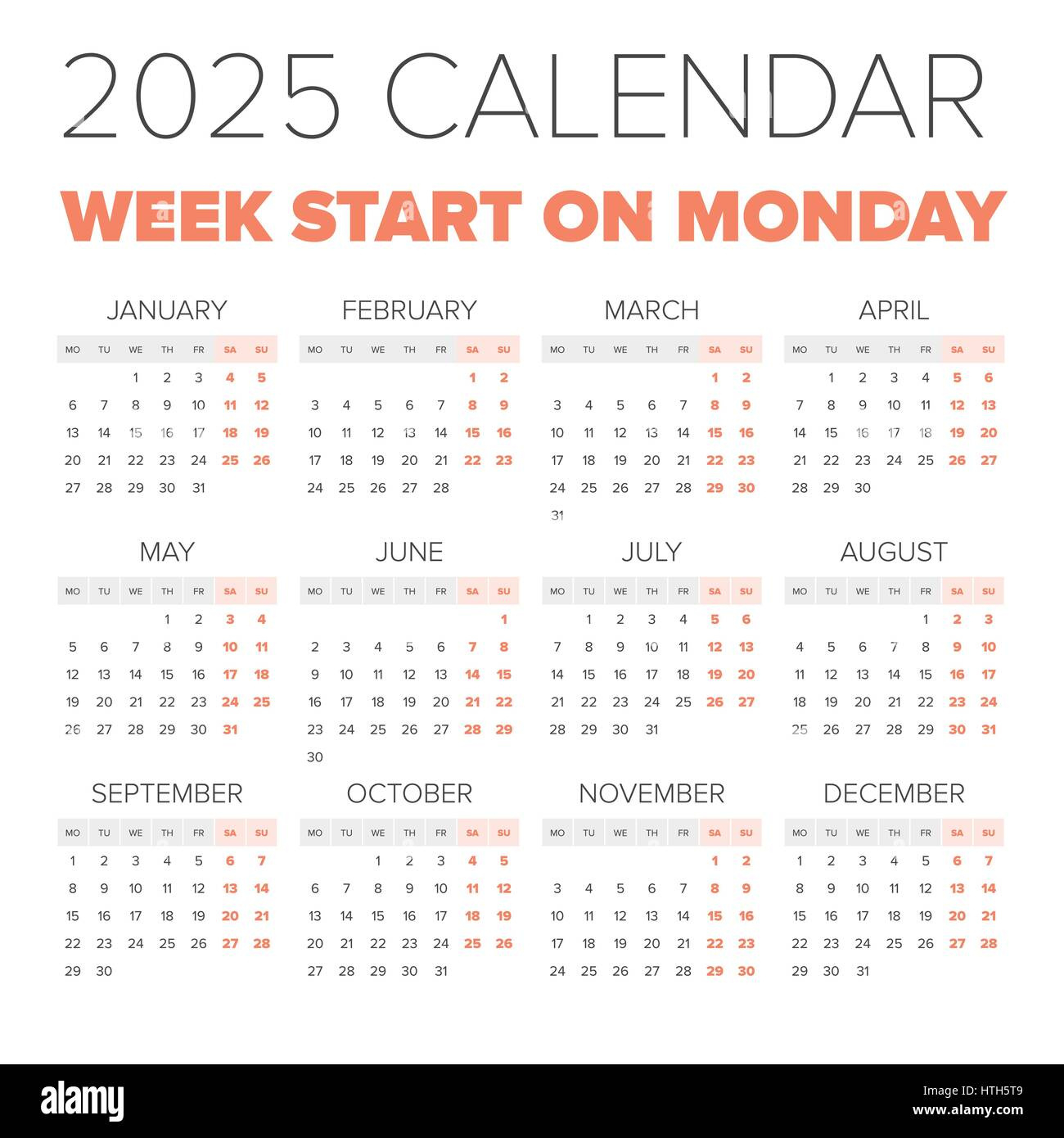 Simple 2025 Year Calendar, Week Starts On Monday Stock Vector throughout Free Printable 2025 Calendar Monday Start