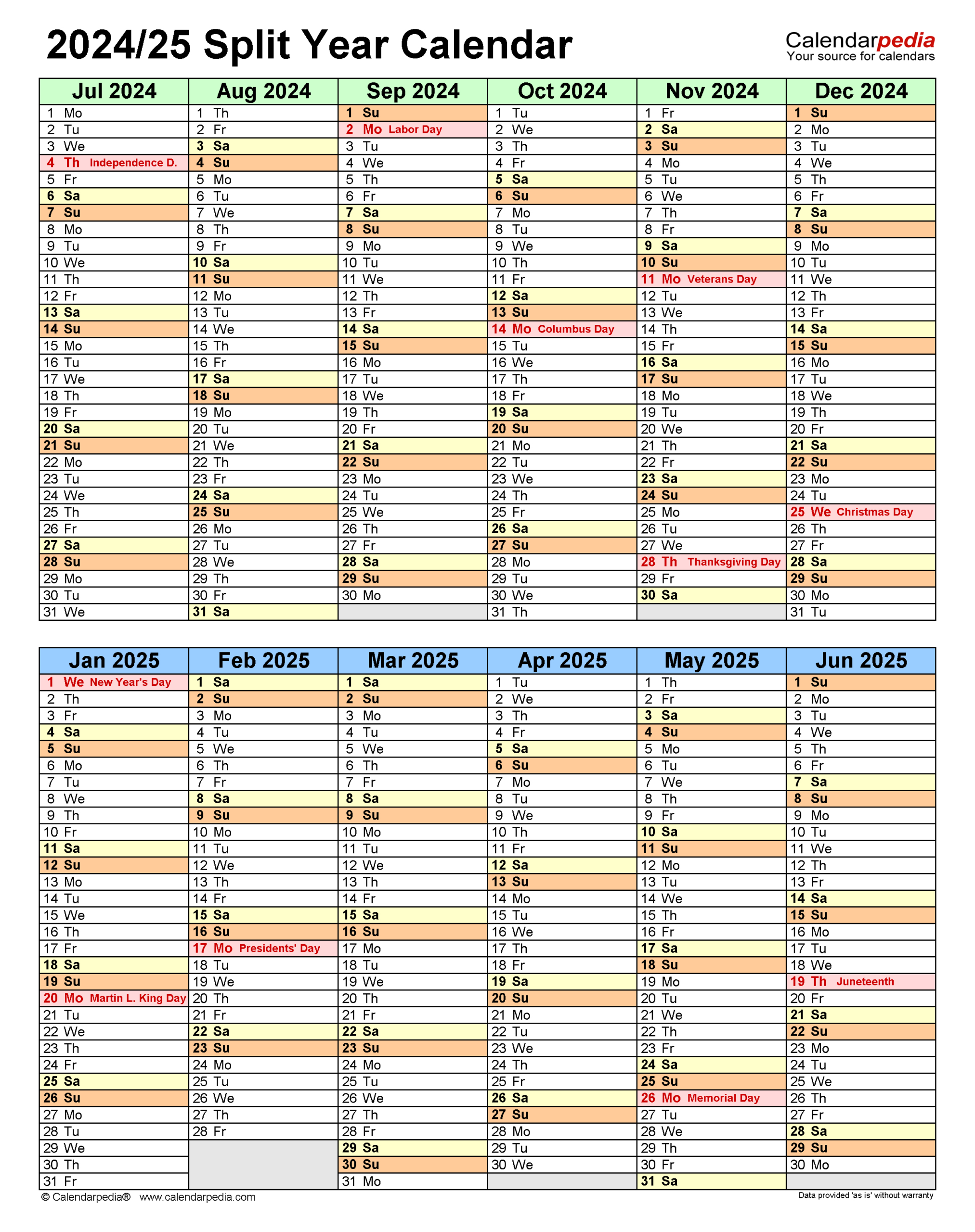 Split Year Calendars 2024/2025 (July To June) - Pdf Templates for Free Printable Calendar July 2024 June 2025