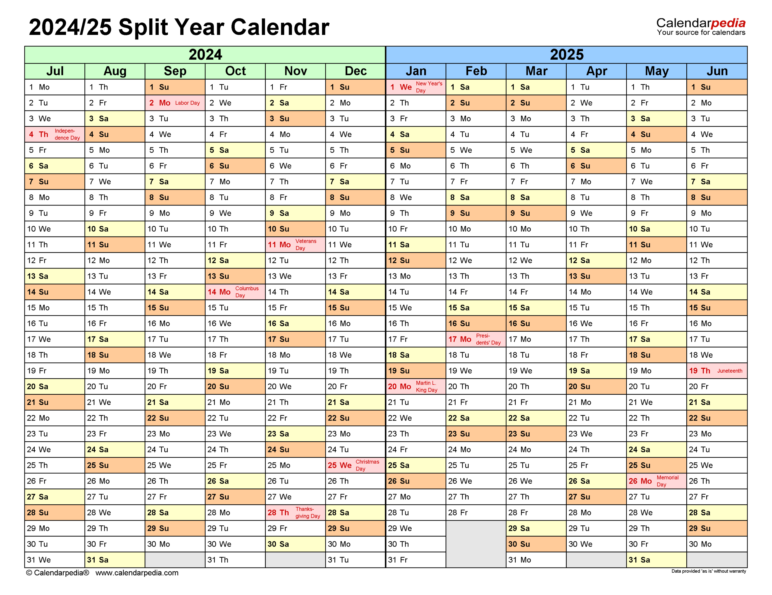 Split Year Calendars 2024/2025 (July To June) - Pdf Templates for July 2024-June 2025 Calendar Printable