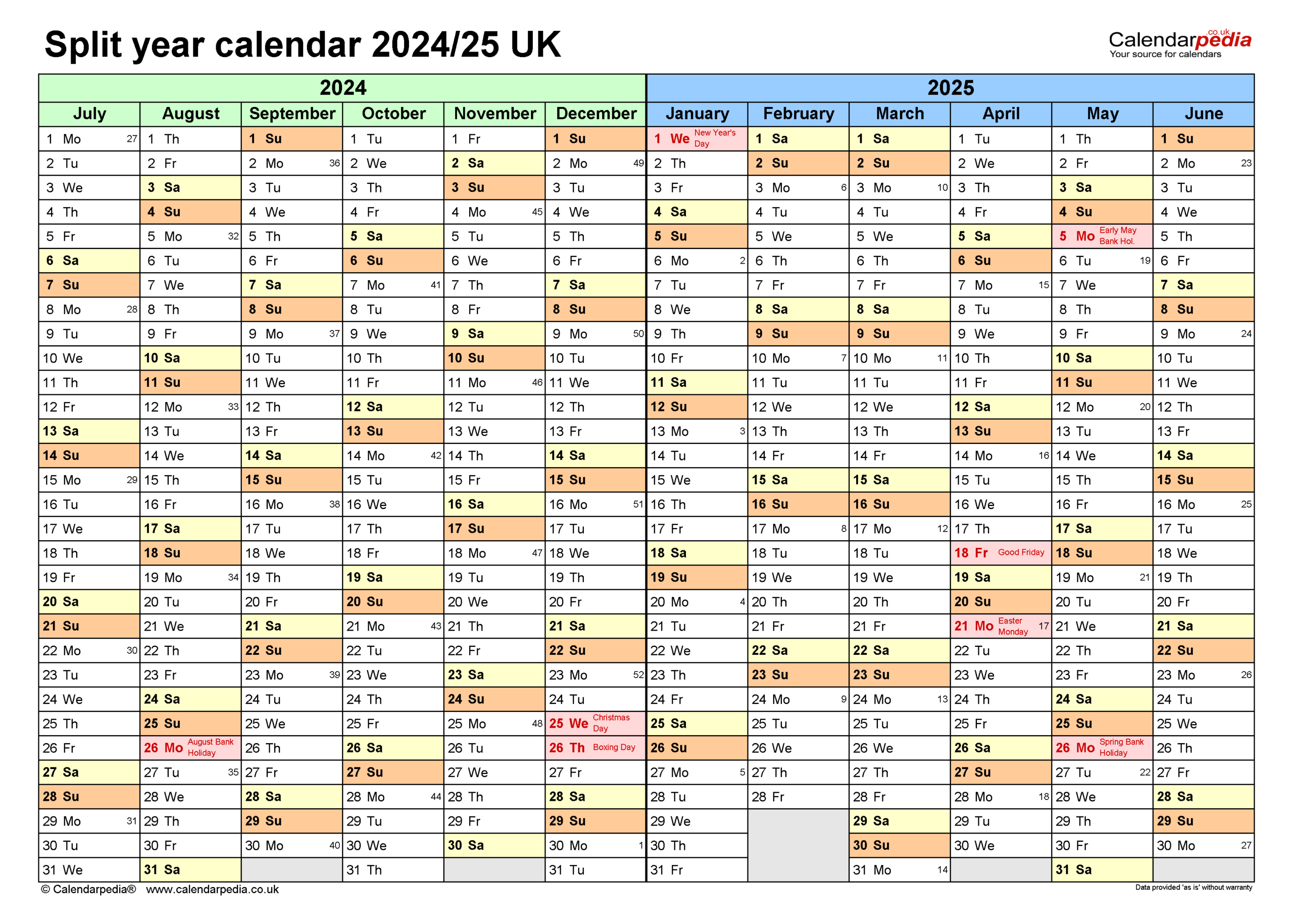 Split Year Calendars 2024/25 Uk (July To June) For Excel throughout September 2024 To June 2025 Calendar Printable Free