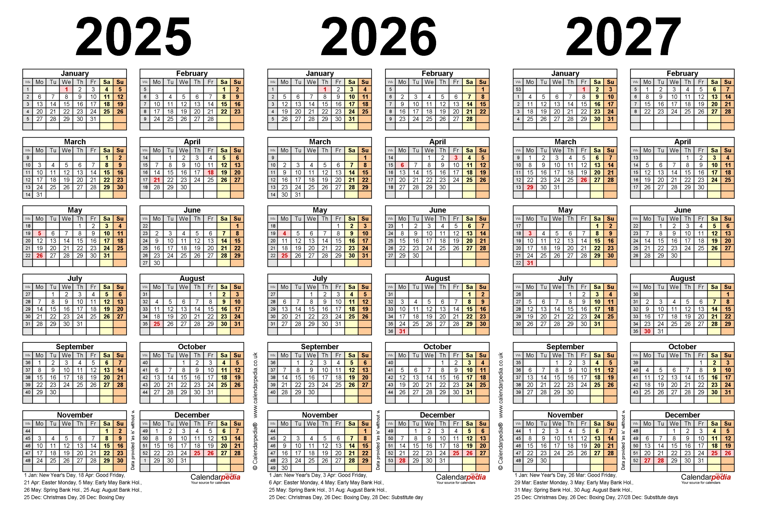 Three Year Calendars For 2025, 2026 &amp;amp; 2027 (Uk) For Pdf throughout 3 Year Calendar 2025 To 2026 Printable