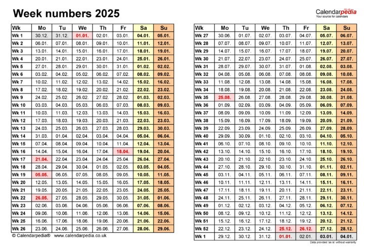 Week Number Calendar 2025 Printable