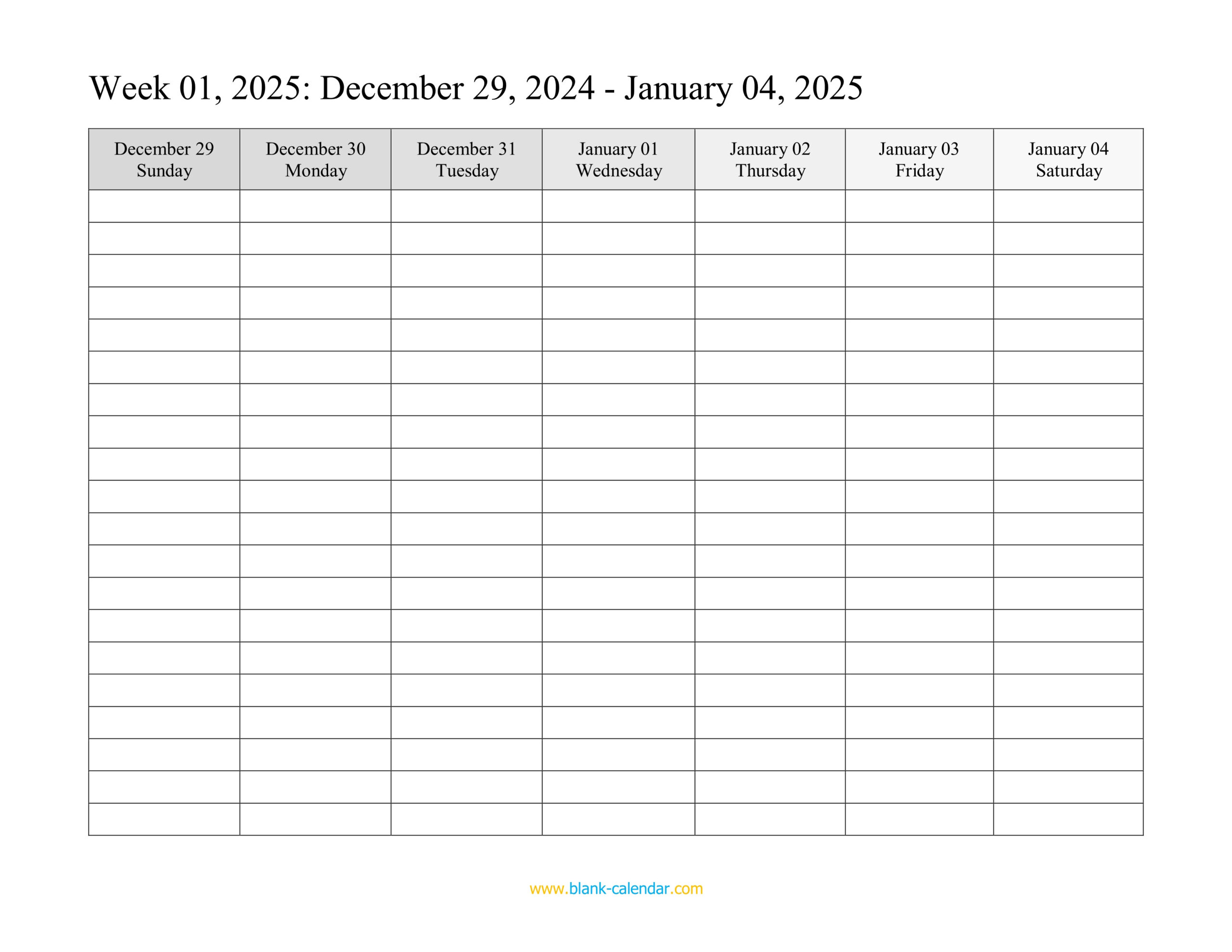 Weekly Calendar 2025 (Word, Excel, Pdf) for 2025 Weekly Calendar Printable Free