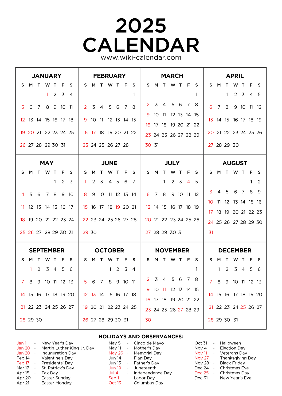 Year 2025 Calendar Printable With Holidays - Wiki Calendar for 2025 Calendar 2025 with Holidays Printable Free