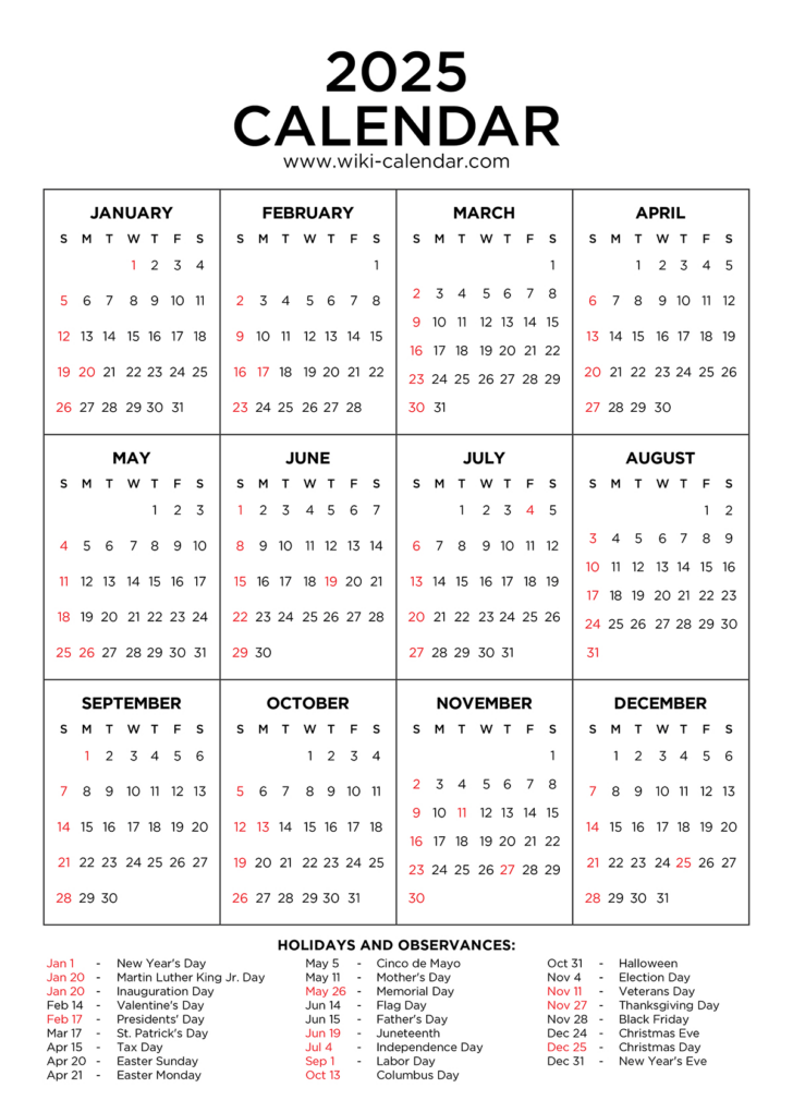 Printable Calendar 2025 with Holidays Free