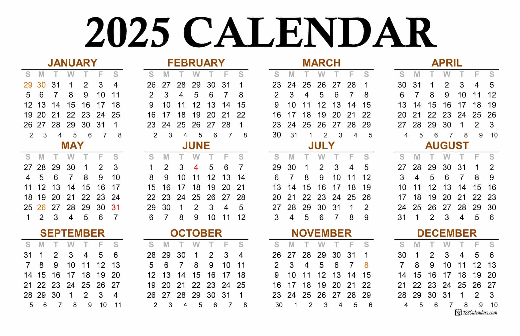 Year 2025 Calendar Templates | 123Calendars intended for Time and Date Printable Calendar 2025